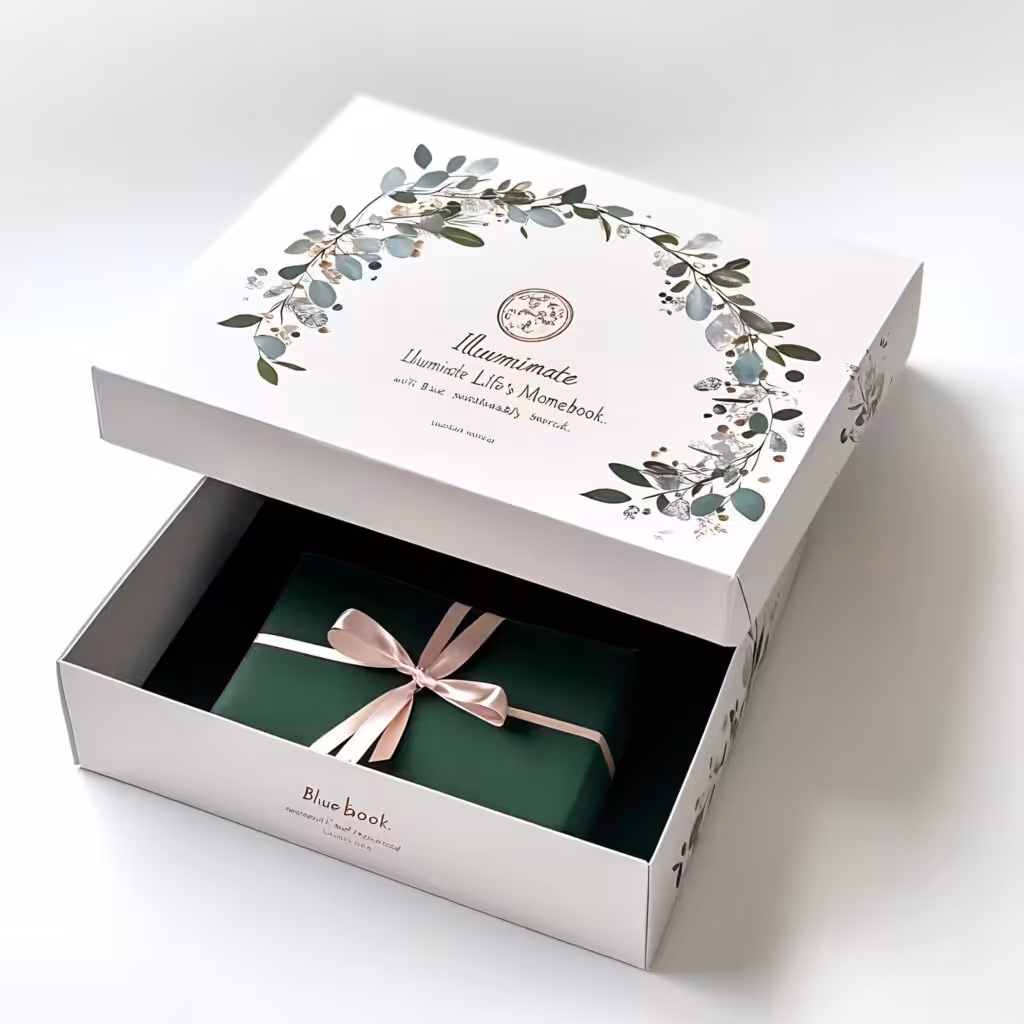 custom gift box, white two-piece rigid lid-base gift box with watercolor eucalyptus leaf wreath print for wedding and holiday present packaging