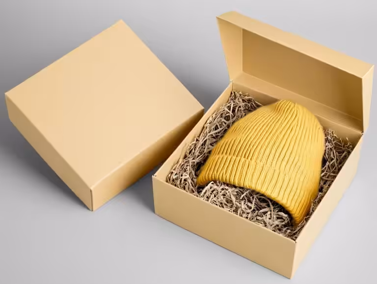 Light kraft two-piece custom gift box with shredded paper filler for knitwear
