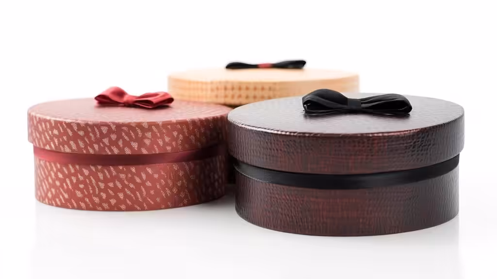 Custom Round Hat Boxes three textured leather grain round rigid gift boxes with matching satin ribbon bow decoration