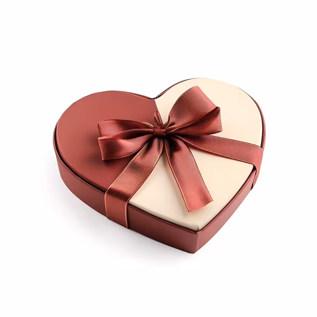 custom gift box heart shape two-tone red and beige rigid custom gift box with satin ribbon bow, customized insert for chocolate and ring