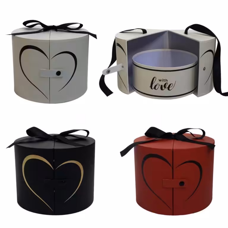Three-color heart printed round handheld satin ribbon custom gift box for candle