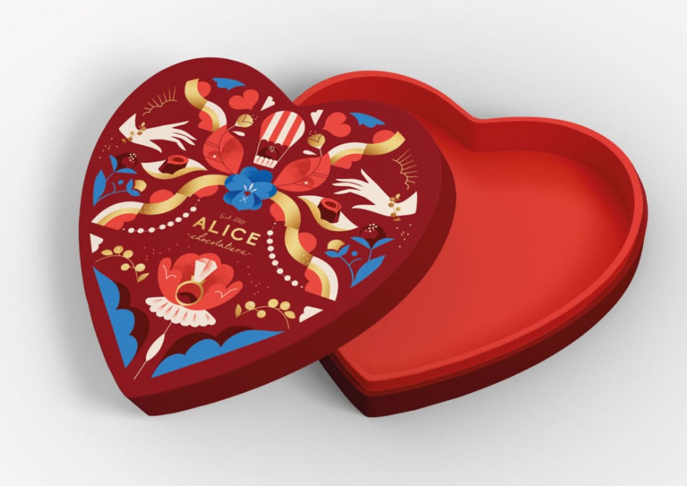custom gift box, heart-shaped red paper custom gift box with folk style floral and dove illustration printing for chocolate and Valentine present packing