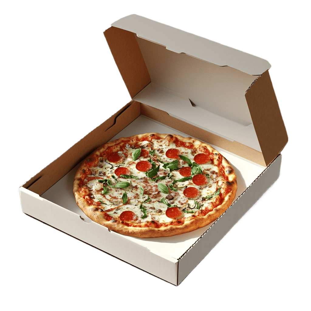 Custom pizza box blank white outer kraft inner corrugated takeout box with open lid holding pepperoni pizza