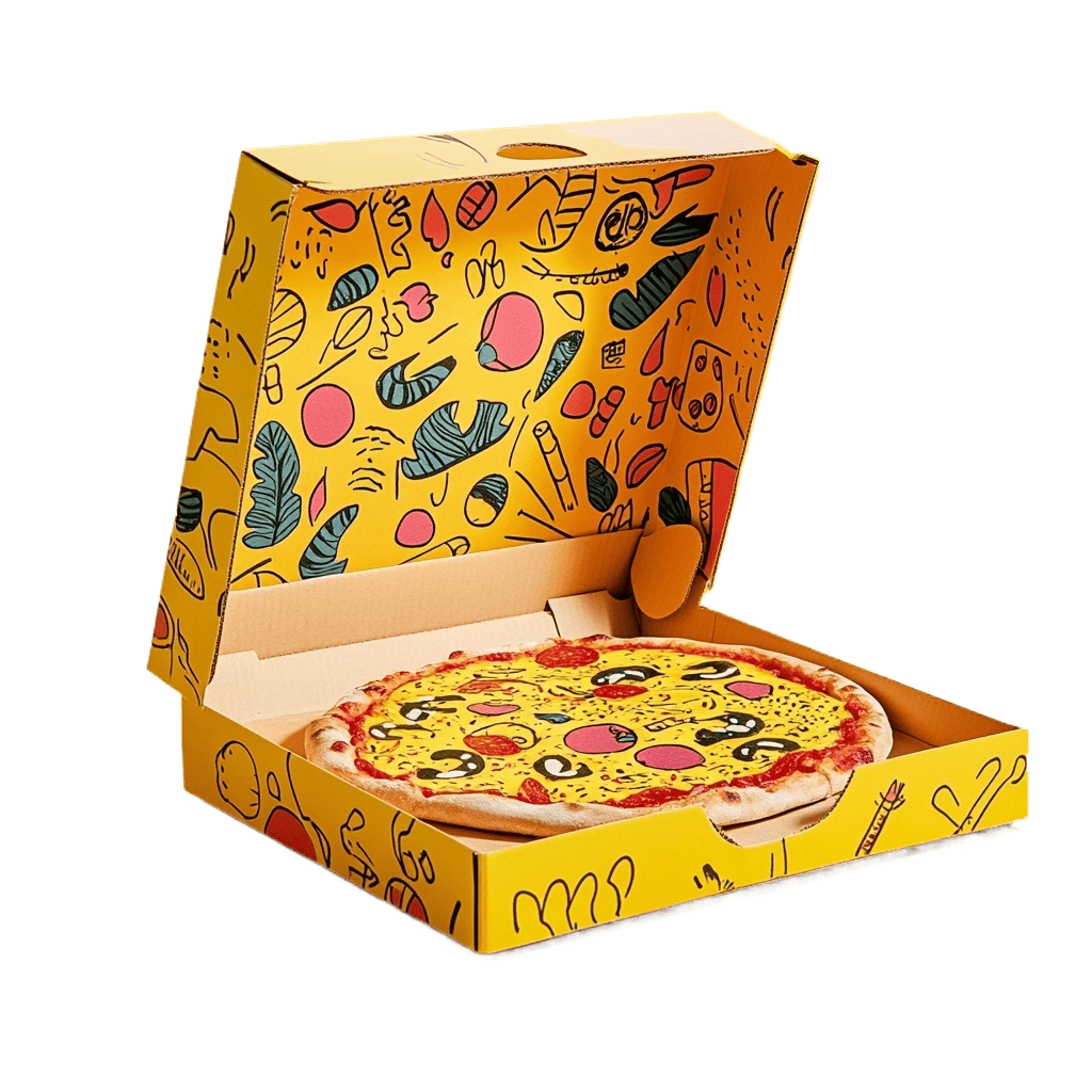 Yellow hand-drawn doodle flip pizza-shaped custom gift box