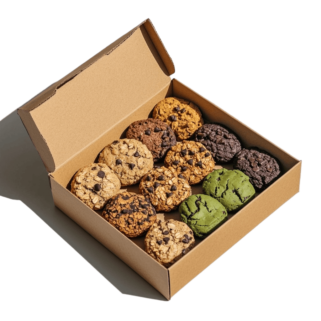 Scatole per biscotti personalizzate, in carta kraft bianca, con fondo autobloccante, ideali per la spedizione di biscotti giganti assortiti in grandi quantità.