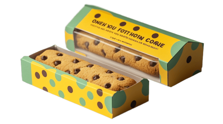 Yellow polka dot paper box with transparent window for long chocolate chip cookie packaging