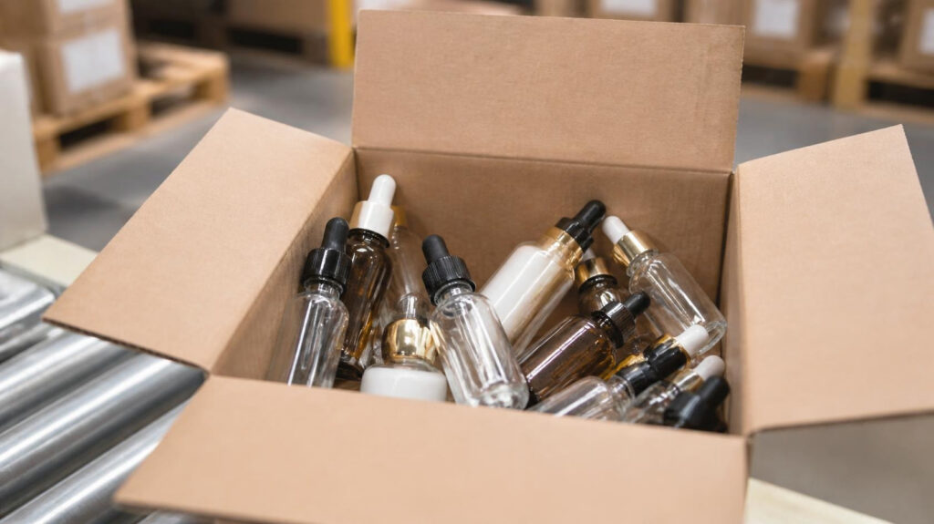 Empty glass dropper bottles for skincare cosmetics packed in kraft cardboard box on conveyor roller, cosmetic packaging wholesale
