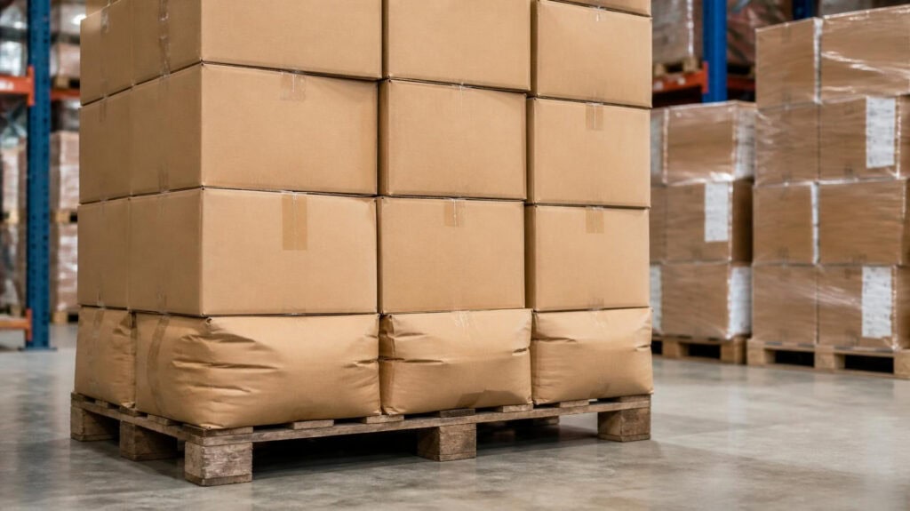 Stacked cardboard boxes and kraft bags loaded on wooden pallet inside industrial warehouse, bulk packaging storage and logistics