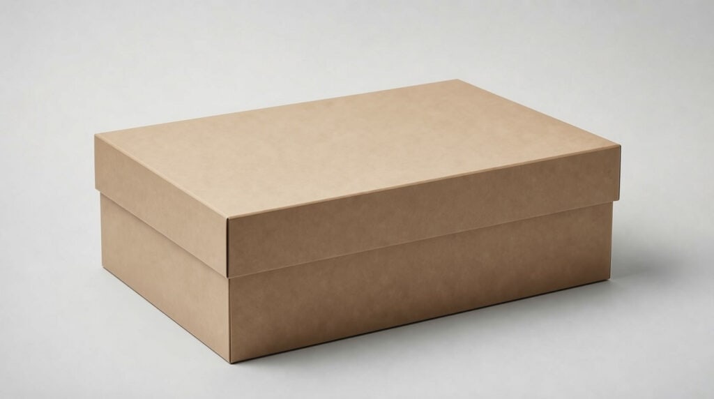 Blank kraft two-piece rigid shoe box, plain brown cardboard lid and base packaging on light grey background