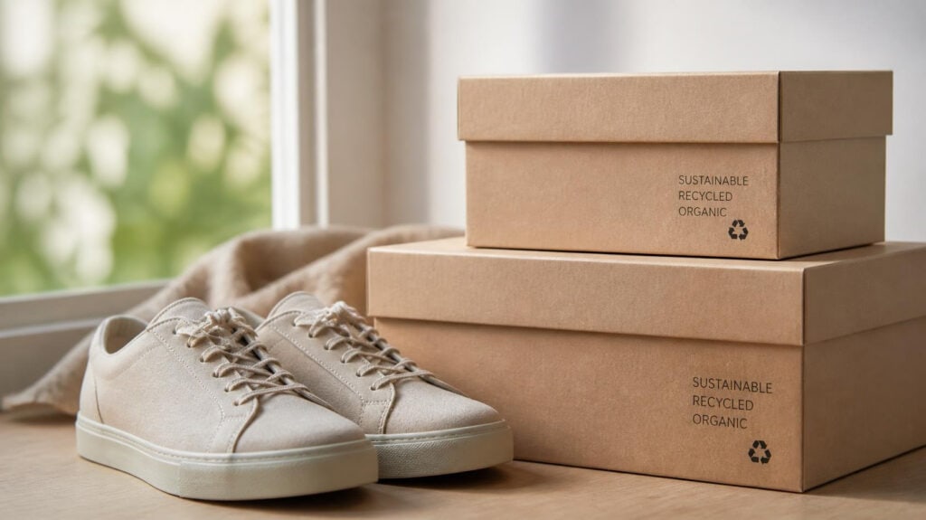 Beige eco canvas sneakers next to stacked kraft eco-friendly shoe boxes printed with sustainable recycled organic logo by window