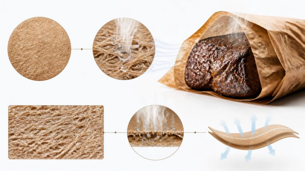 Infographic showing breathable kraft butcher paper, microstructure diagram, water vapor permeability illustration wrapping cooked steak on white backgroundA generated image