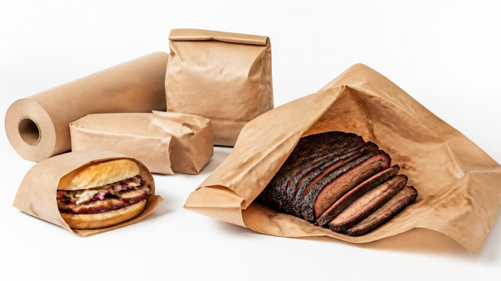 Natural kraft butcher paper roll and folded sheets, wrapped brisket and BBQ sandwich, food grade meat wrapping butcher paper on white background