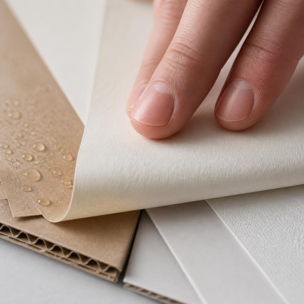 Hand touching textured white paper, waterproof kraft paper with water droplets and corrugated cardboard, packaging material selection
