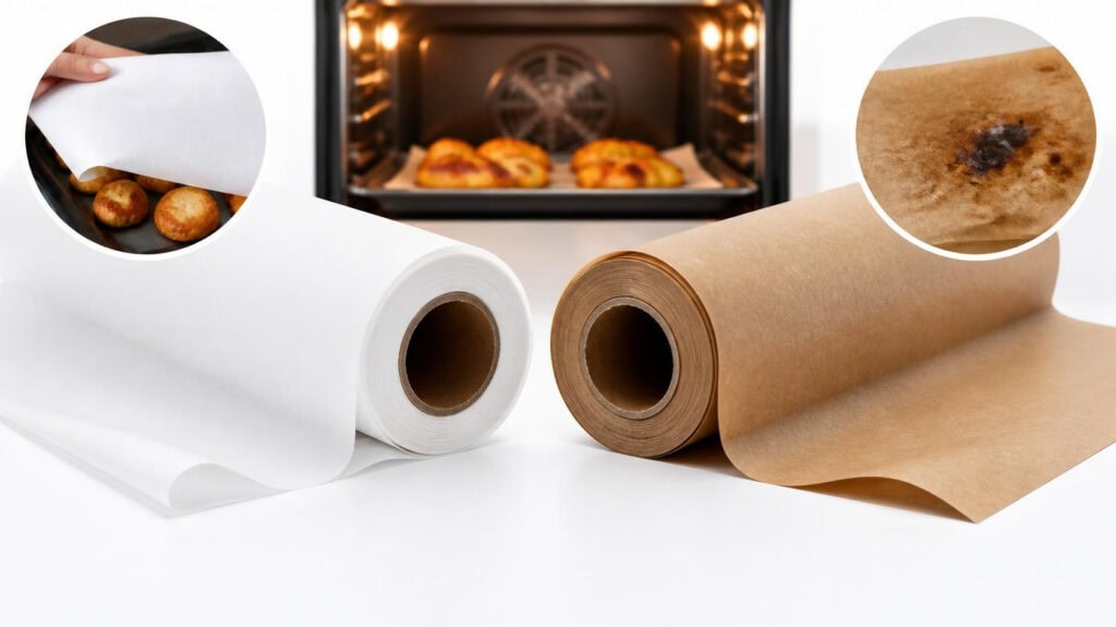 Comparison graphic of white parchment paper roll and kraft butcher paper roll, illustrating safe oven baking with parchment paper while butcher paper risks burning, oven and cookie baking demo on white background