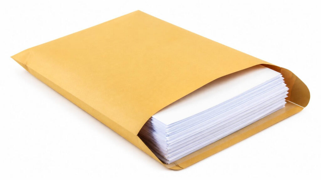 Enveloppe kraft jaune ouverte, remplie de feuilles de papier blanches empilées, enveloppe plate de type pochette sur fond blanc uni