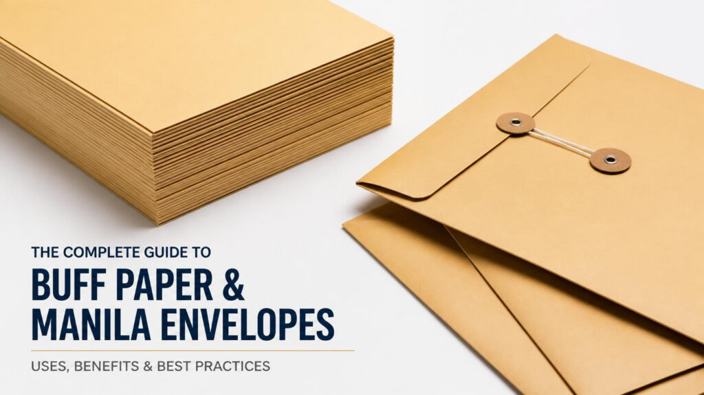 Image d'en-tête de blog pour un guide sur le papier kraft et les enveloppes manille : pile d'enveloppes kraft unies et enveloppes à bouton-pression sur fond blanc.