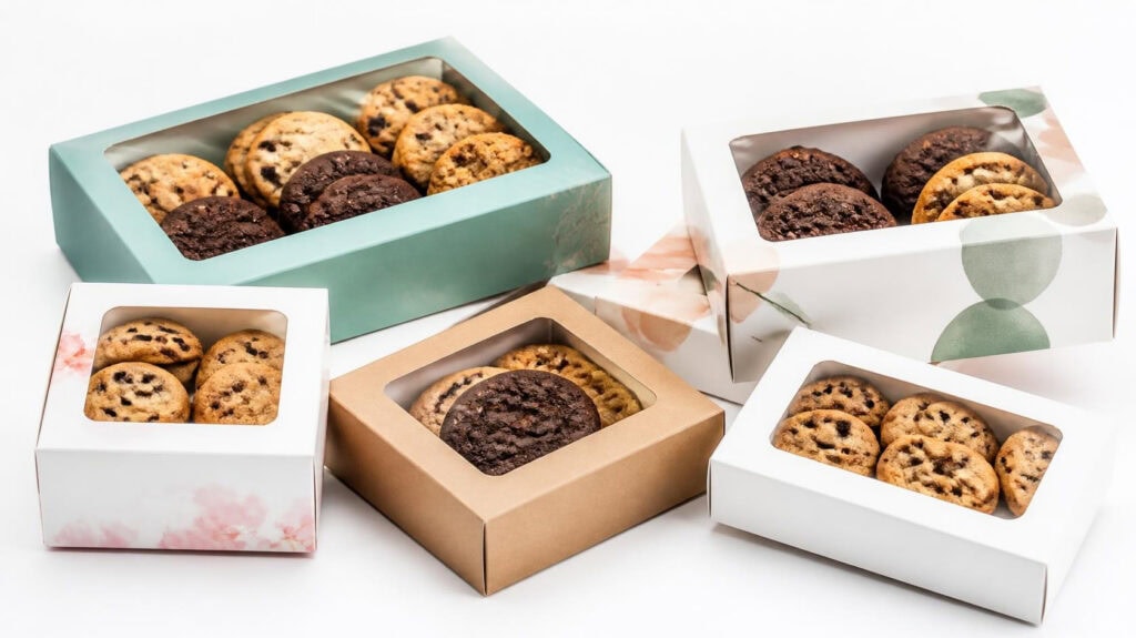 Assorted sizes custom printed cookie boxes with clear plastic window, square & rectangular bakery packaging for chocolate chip cookies, food-grade paper retail cookie gift boxes