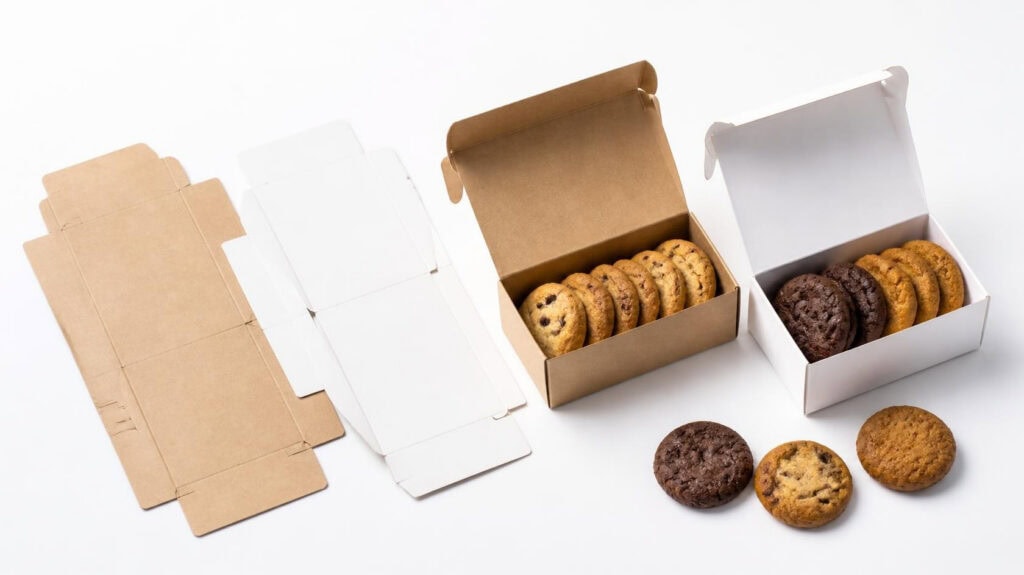 Blank kraft and white tuck top cookie boxes, flat die-cut blanks and assembled bakery packaging, foldable food-grade paper boxes for chocolate chip cookies, customizable cookie containers