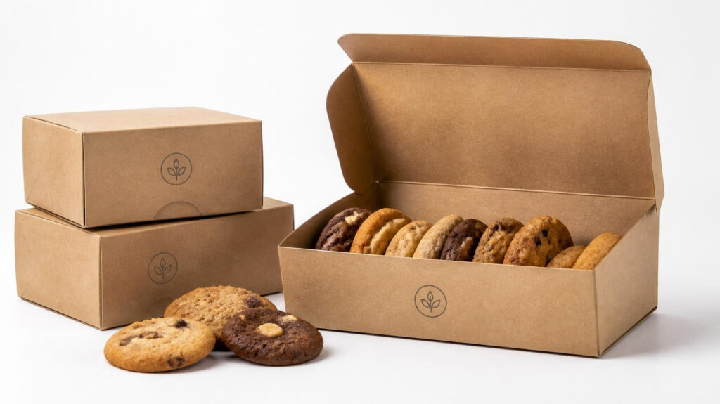 Custom printed kraft tuck top cookie boxes with minimalist logo, foldable natural brown paper bakery boxes for assorted cookies, eco-friendly food-safe cookie packaging