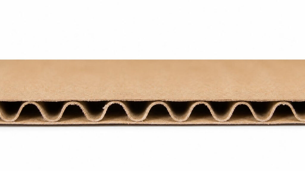 Cross section of single wall kraft corrugated cardboard, showing flat liner boards and wavy fluted medium, packaging raw material, pure white background horizontal commercial photo