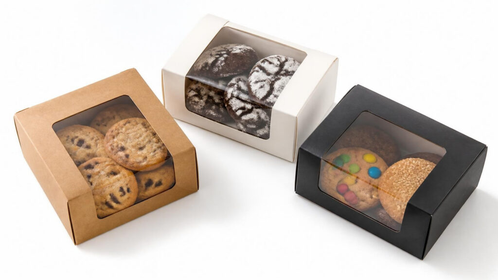 Square custom window cookie boxes in kraft, white and black paper, foldable bakery packaging with clear PVC window for assorted gourmet cookies, customizable retail cookie containers