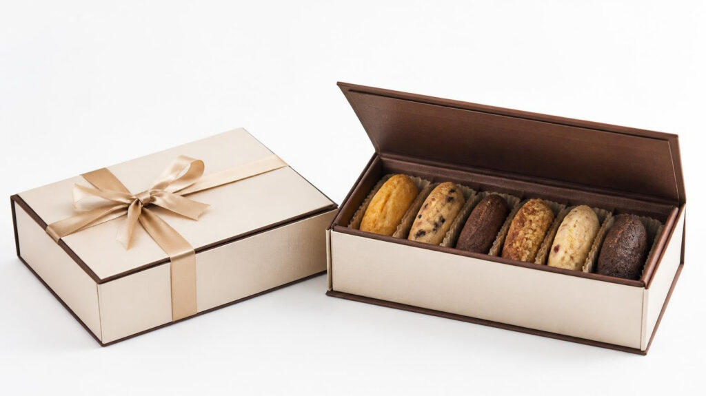 Luxury rigid magnetic lid cookie gift boxes with satin ribbon, premium hardboard bakery packaging for gourmet cookies & madeleines, high-end pastry gift packaging