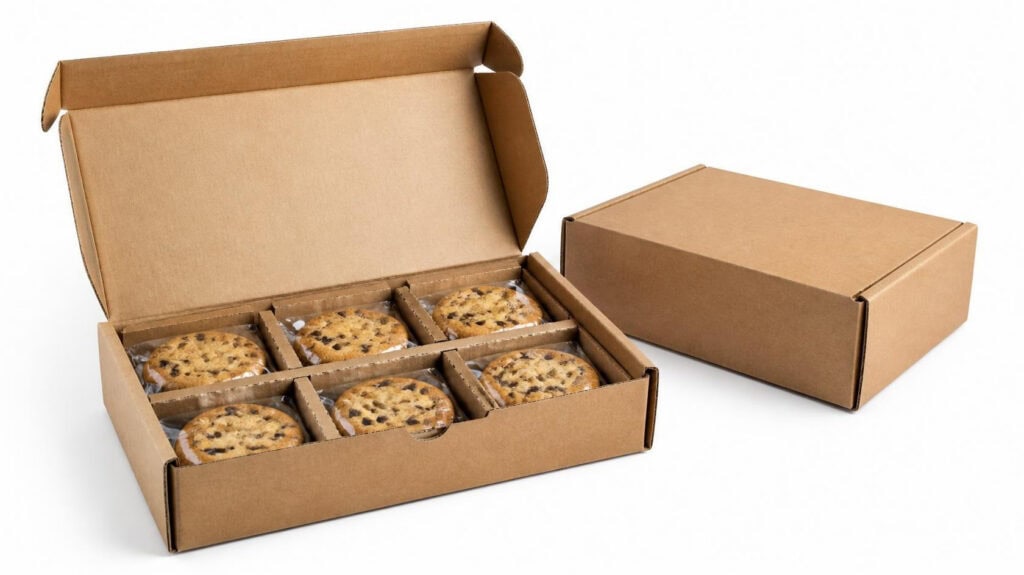 Kraft corrugated mailer cookie boxes with built-in dividers, shipping-safe bakery subscription packaging for individually wrapped cookies, custom printed cookie shipping boxes