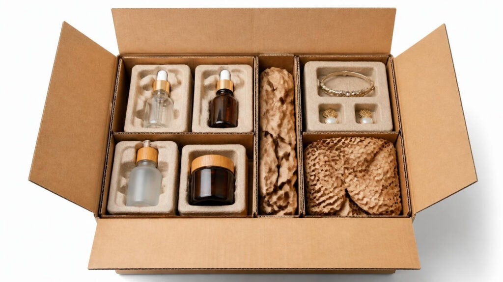Open corrugated cardboard boxes equipped with molded pulp inserts, skincare bottles, jewelry packaging and honeycomb protective paper, sustainable custom packaging solution