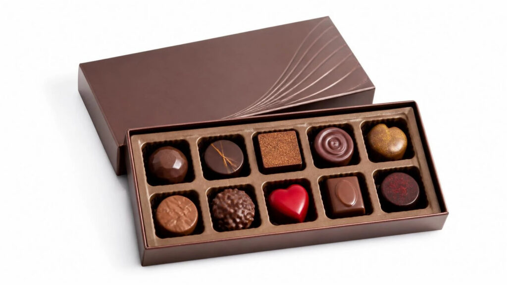 Custom rigid chocolate gift box with divided insert, luxury brown packaging for assorted praline chocolates