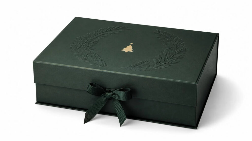 Custom corporate Christmas gift box, dark green magnetic rigid box with embossed pattern, gold foil and satin ribbon bow