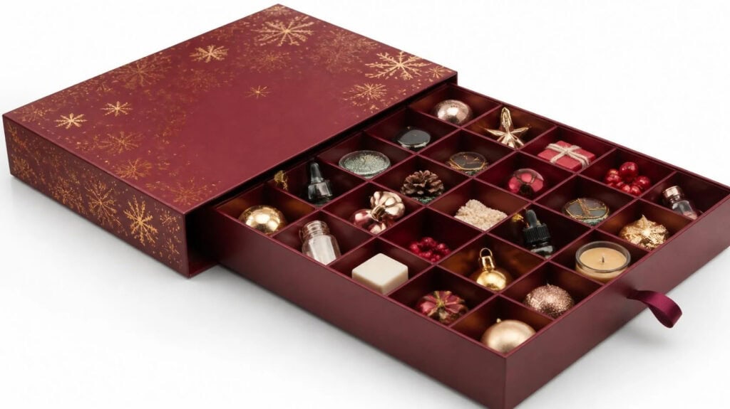 Custom rigid advent calendar gift box, burgundy drawer‑style box with gold foil snowflake and multi‑compartment inserts