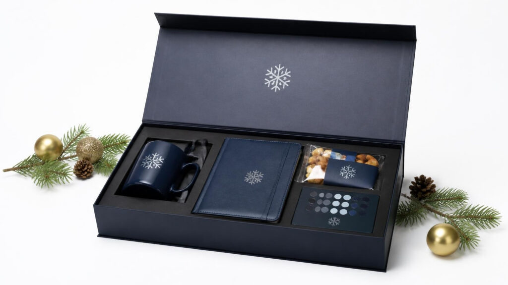 Custom rigid corporate Christmas gift box, navy blue magnetic box with custom foam insert for branded corporate gift sets