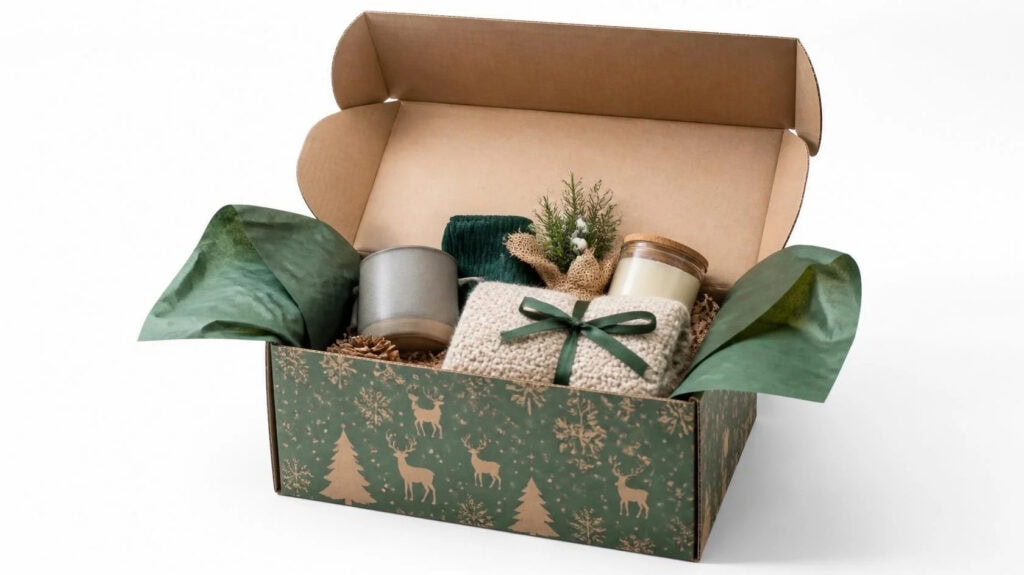 Custom printed corrugated Christmas mailer box, green festive‑pattern shipping box filled with holiday gift items