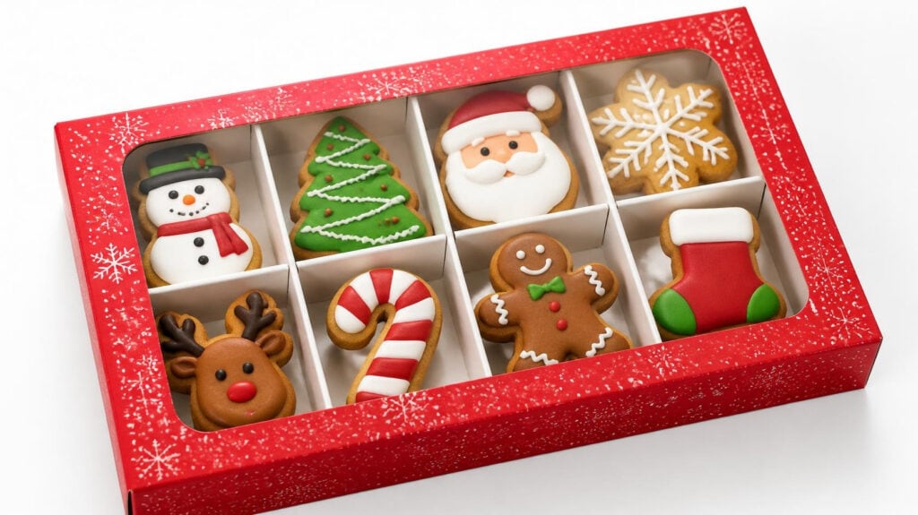 Custom Christmas cookie gift box with window divider tray holding festive decorated sugar cookies