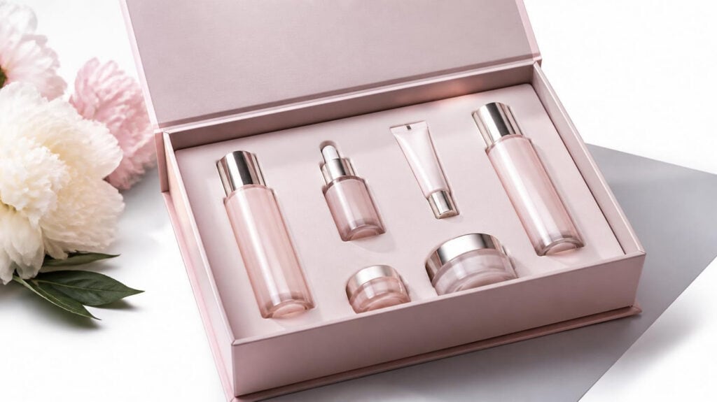Custom rigid beauty skincare gift set box, pink magnetic box with custom foam insert for cosmetic bottles