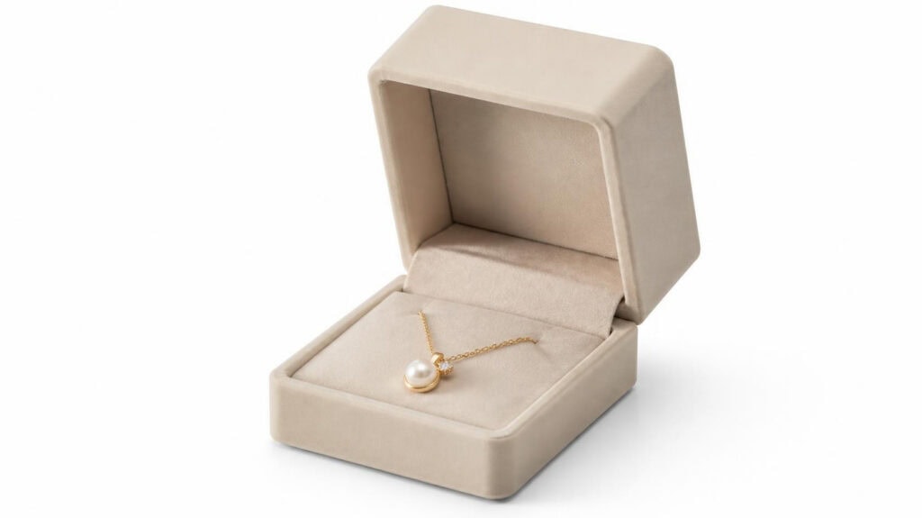 Custom beige velvet rigid jewelry box open with pearl gold necklace inside, luxury jewellery packaging