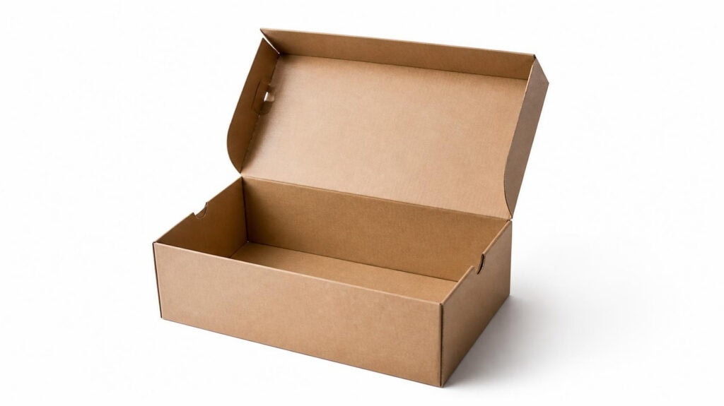 Open empty blank kraft cardboard shoe box, plain unprinted shoe packaging box, isolated on white background