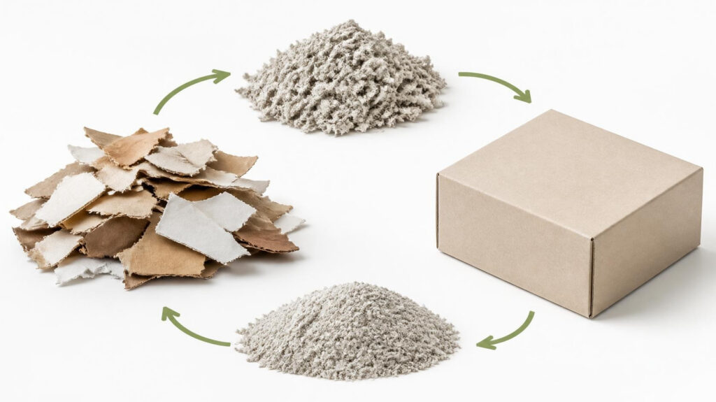 Recycled packaging lifecycle infographic, waste paper pulp to kraft cardboard box, eco‑friendly paper packaging recycling process