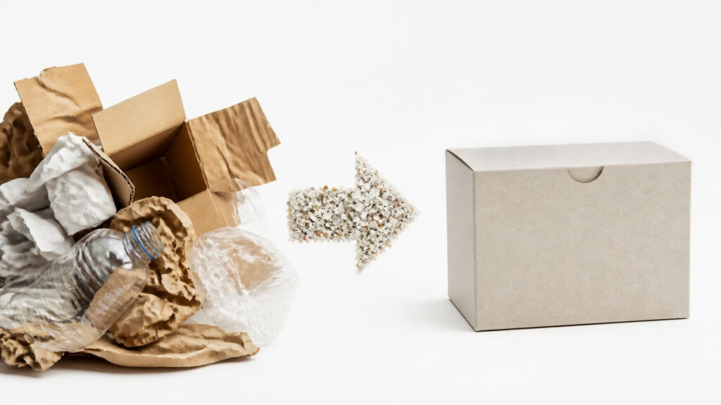 Upcycled eco‑packaging infographic, waste cardboard and plastic recycled into sustainable paper gift box