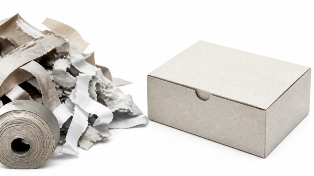 Recycled paper trims and raw paper roll next to finished eco‑friendly recycled paper packaging box