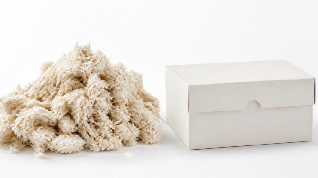Natural plant‑based paper pulp raw material beside finished white eco‑friendly paper packaging box
