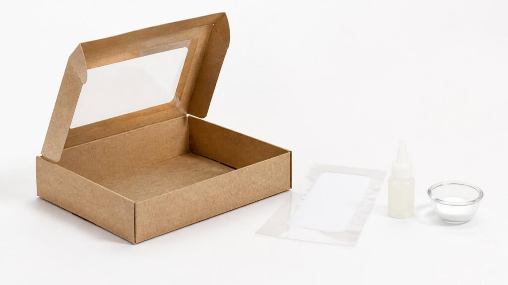 Open kraft window box with separate PVC window patch and glue for custom packaging assembly