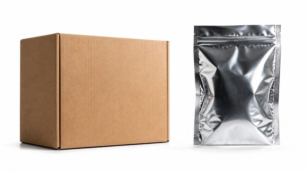 Brown corrugated shipping box stand next to silver metallic foil zip‑lock mylar pouch packaging