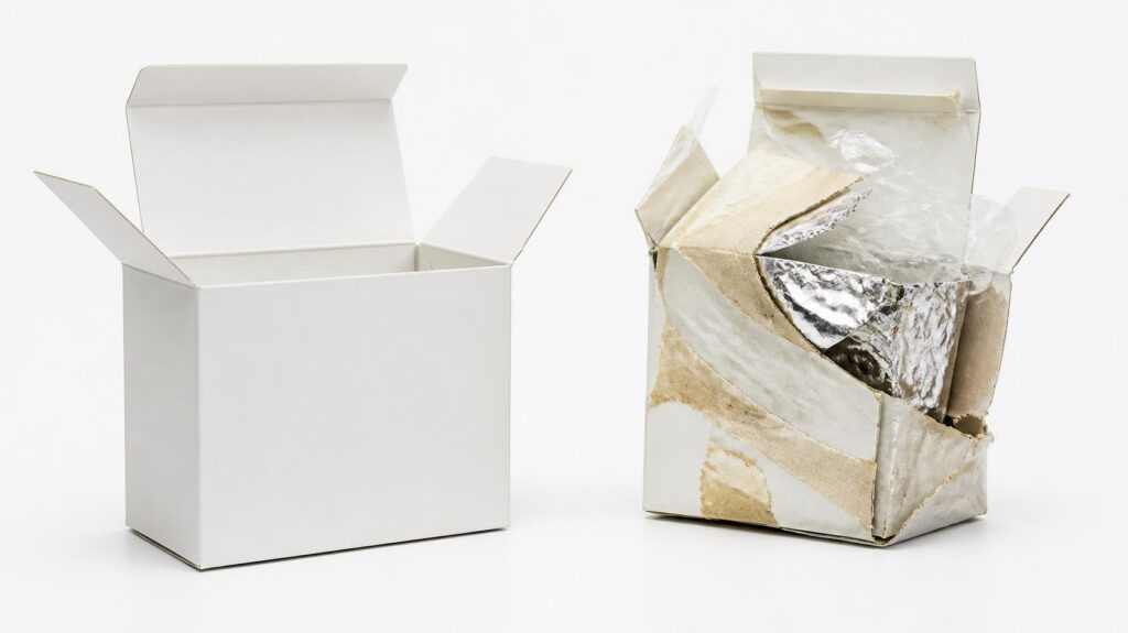 Comparison of clean plain white paper box versus mixed‑material non‑recyclable laminated packaging box

