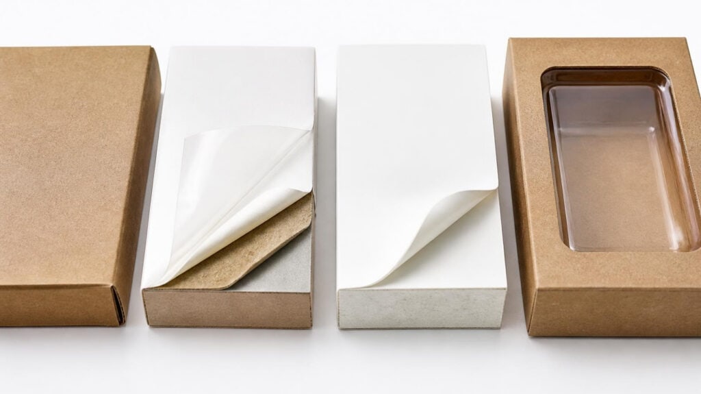 Custom rigid box samples exposing greyboard core, wrapping paper, kraft board and plastic window insert

