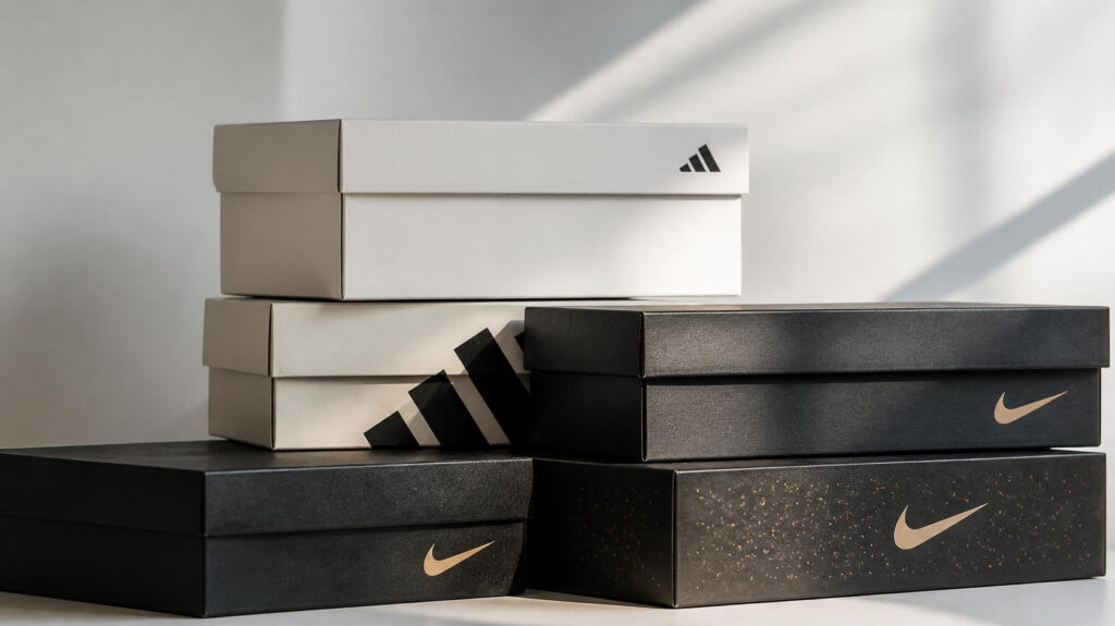 Stack of custom branded shoe boxes, luxury rigid footwear packaging boxes with logo printing, black and off-white shoe boxes
