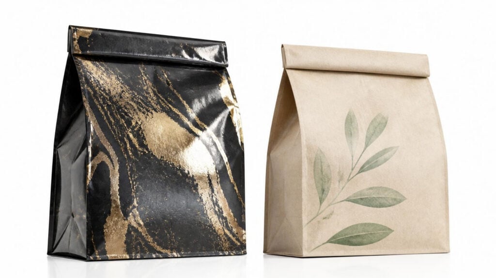Two custom tin‑tie paper bags, black gold marble print and natural kraft with green leaf botanical artwork