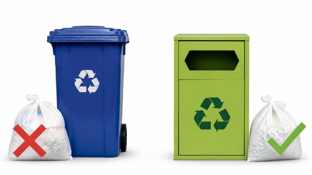 Recycling bin infographic showing wrong and correct waste sorting for packaging waste disposal