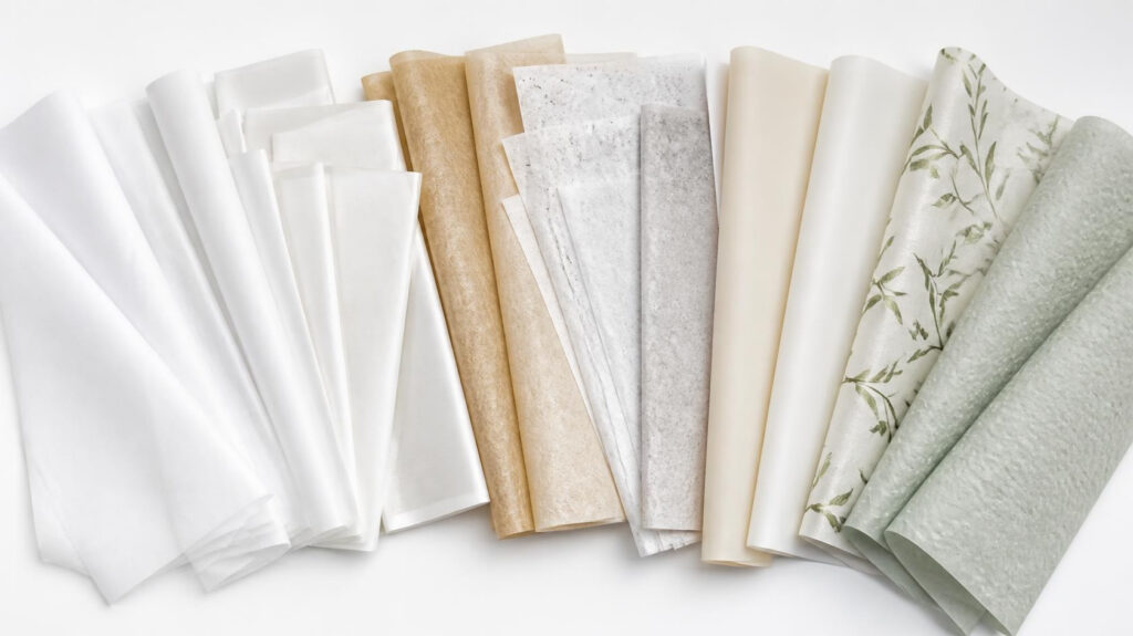Assorted custom tissue paper for packaging, solid color, kraft, speckled and botanical printed wrapping tissue paper samples