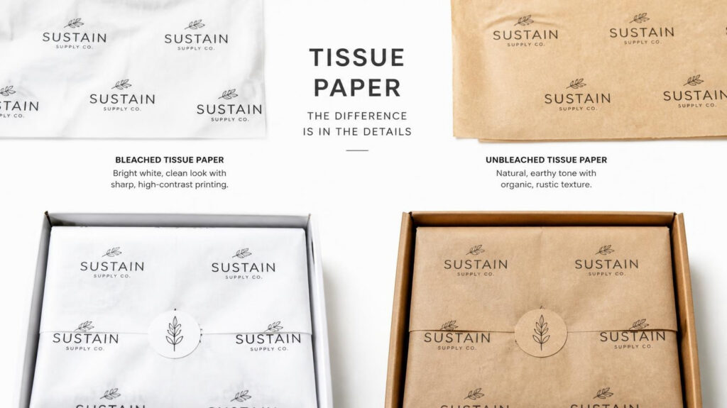 Branded custom printed tissue paper comparison, bleached white vs unbleached natural kraft tissue paper for gift packaging